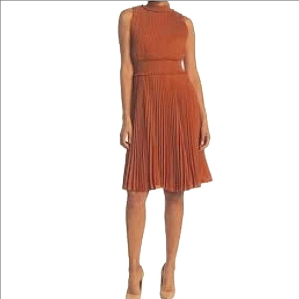Nanette Lepore Pumpkin Spice Pleated Chiffon Dress Sleeveless Smocked Waisted